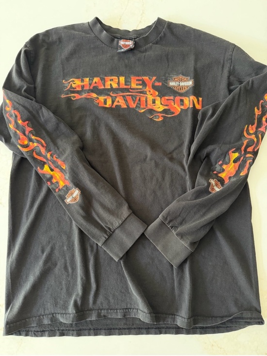 Harley-Davidson Other - Vintage Harley-Davidson Black Long-Sleeve Shirt with Orange Flame Graphics